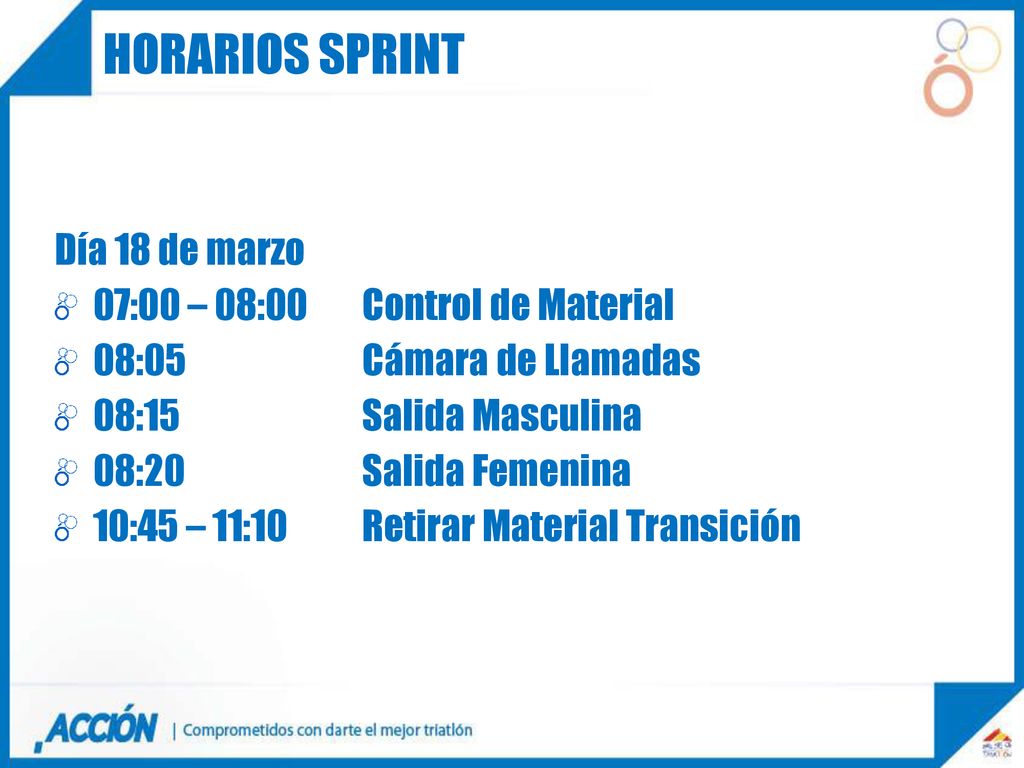 HORARIOS sprint Día 18 de marzo 07:00 – 08:00 Control de Material