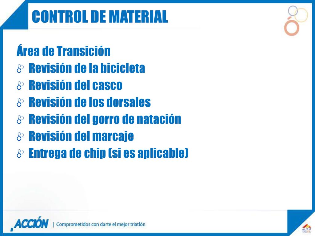 CONTROL DE MATERIAL Área de Transición Revisión de la bicicleta
