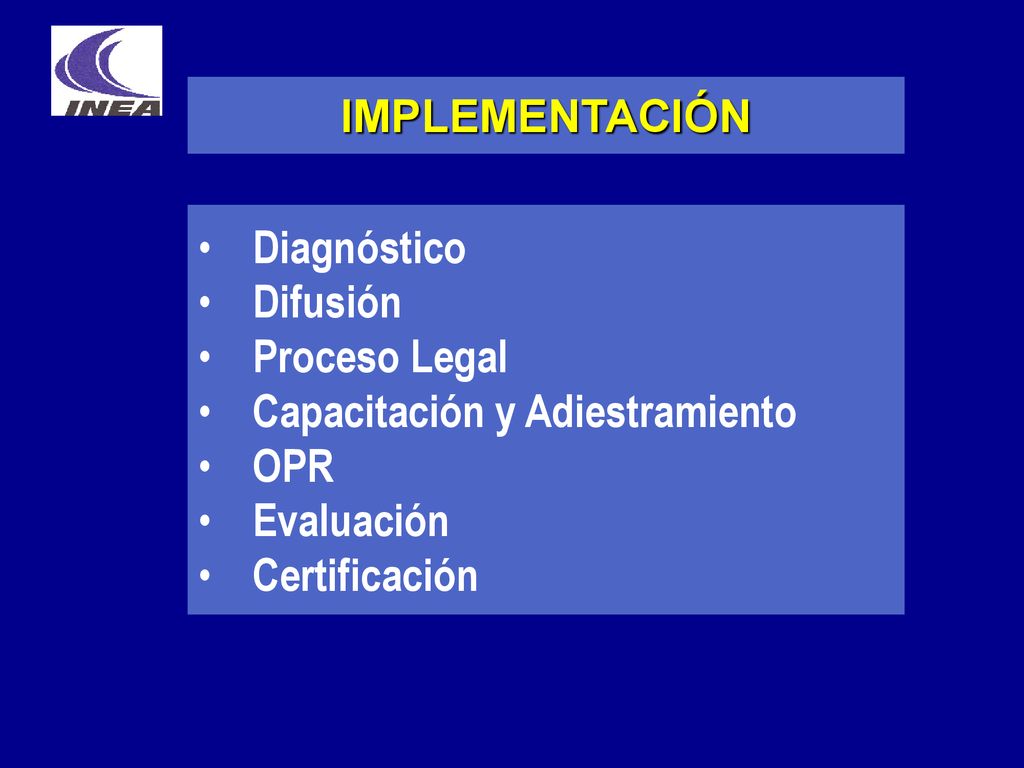 IMPLEMENTACIÓN Diagnóstico. Difusión. Proceso Legal. Capacitación y Adiestramiento. OPR. Evaluación.