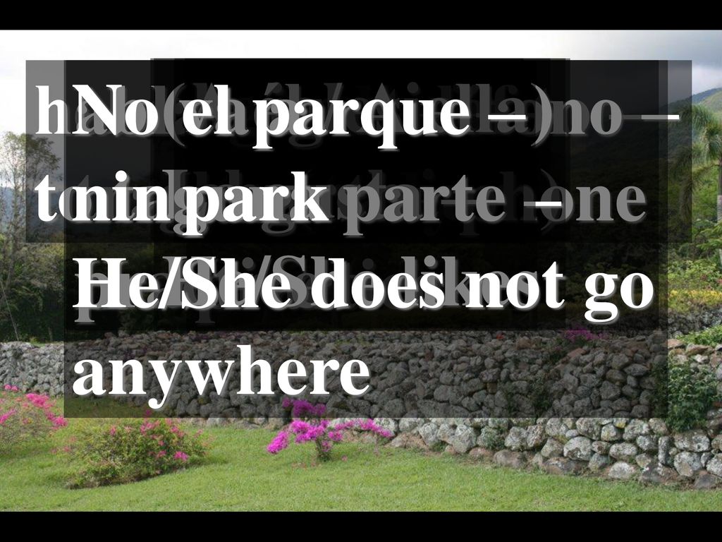 hablar por teléfono – to talk on the phone. No va a. ninguna parte – He/She does not go. anywhere.
