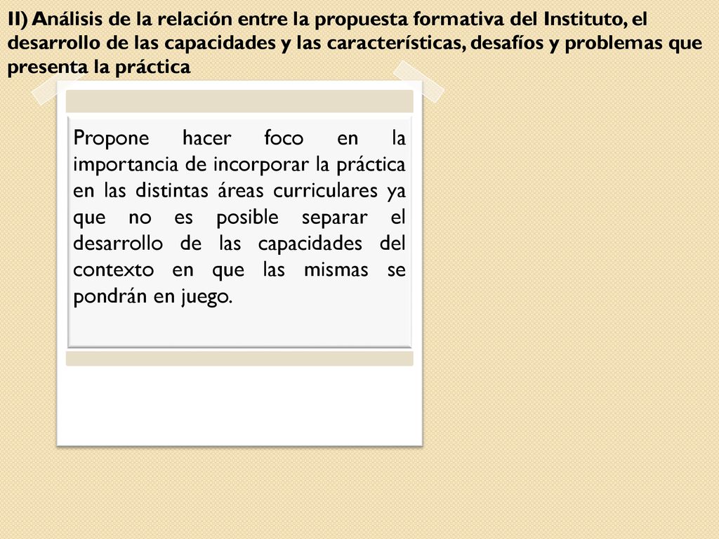 II) Análisis de la relación entre la propuesta formativa del Instituto, el desarrollo de las capacidades y las características, desafíos y problemas que presenta la práctica