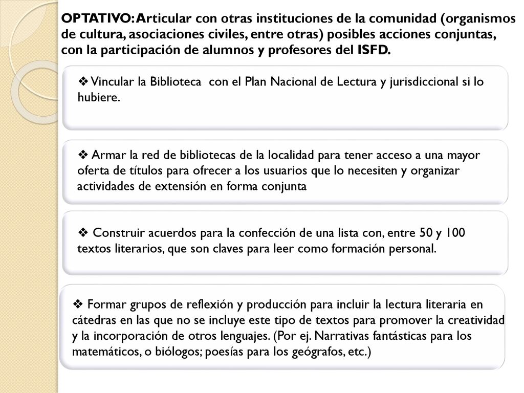 OPTATIVO: Articular con otras instituciones de la comunidad (organismos de cultura, asociaciones civiles, entre otras) posibles acciones conjuntas, con la participación de alumnos y profesores del ISFD.