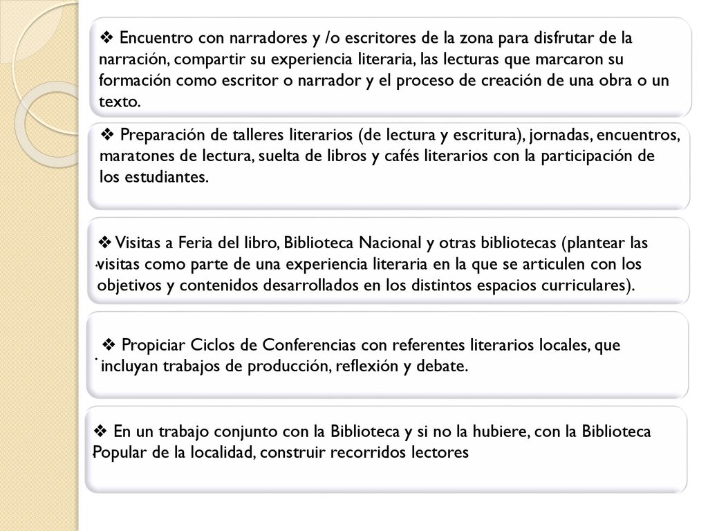 ❖ Encuentro con narradores y /o escritores de la zona para disfrutar de la narración, compartir su experiencia literaria, las lecturas que marcaron su formación como escritor o narrador y el proceso de creación de una obra o un texto.