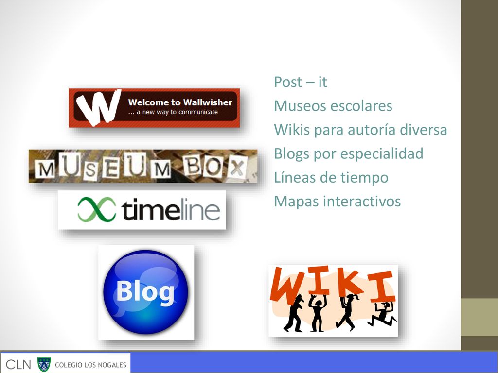 Post – it Museos escolares. Wikis para autoría diversa. Blogs por especialidad. Líneas de tiempo.