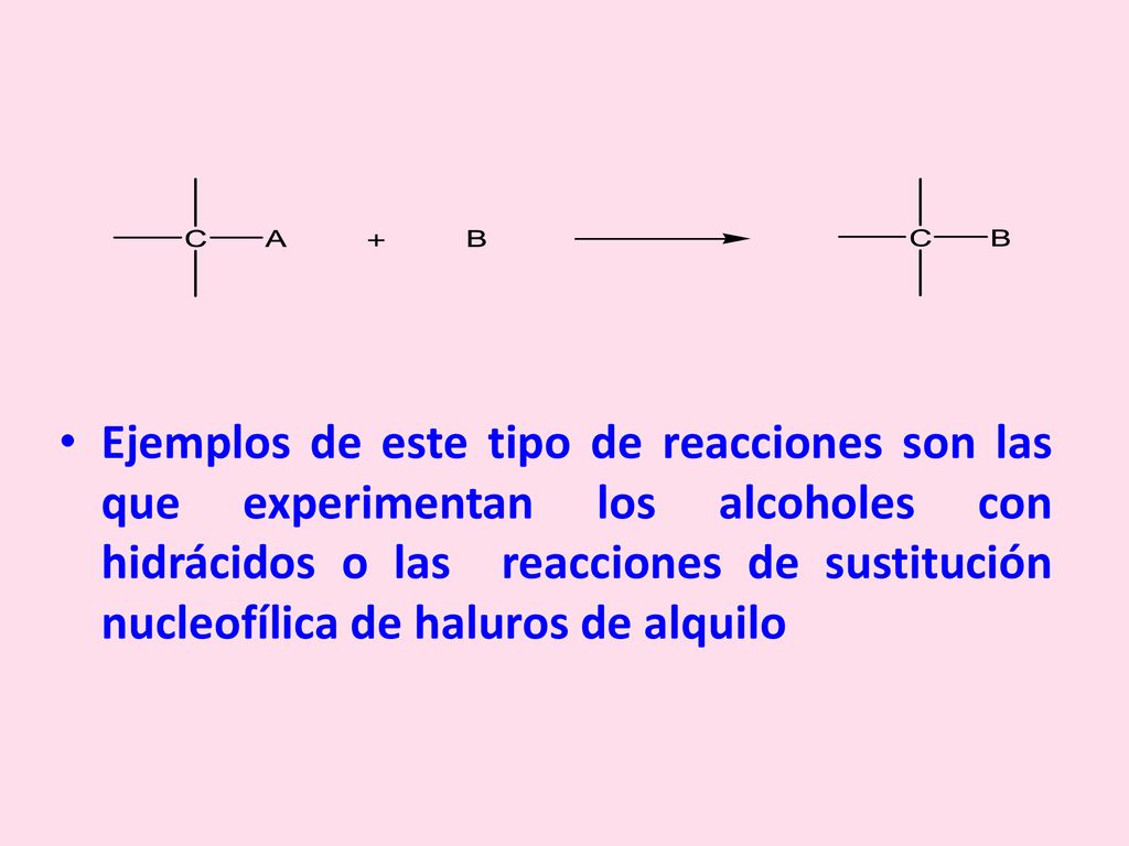 Ejemplos de este tipo de reacciones son las que experimentan los alcoholes con hidrácidos o las reacciones de sustitución nucleofílica de haluros de alquilo