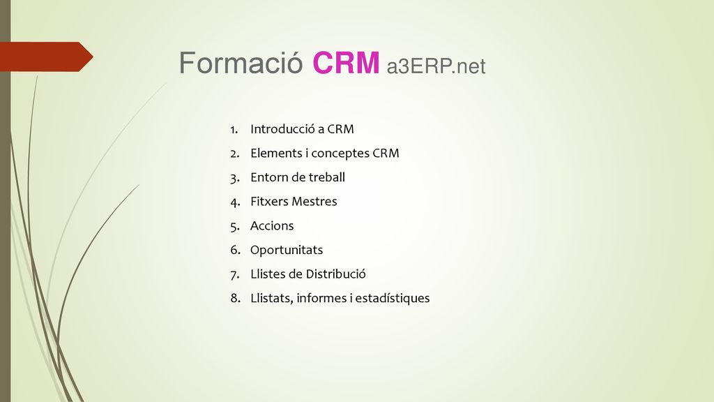 Formació CRM a3ERP.net Introducció a CRM Elements i conceptes CRM
