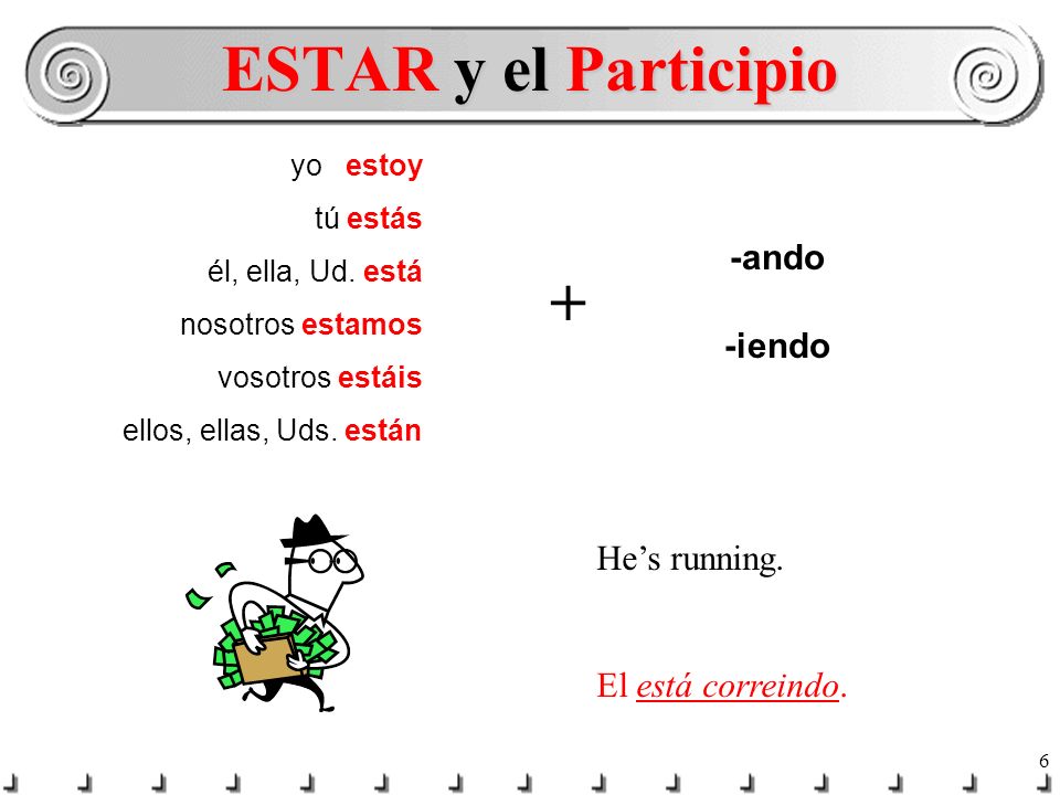 ESTAR y el Participio + -ando -iendo He’s running. El está correindo.