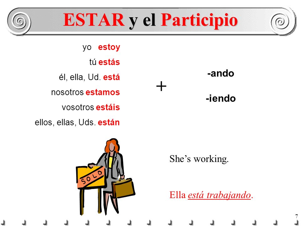 ESTAR y el Participio + -ando -iendo She’s working.