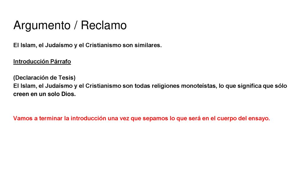 Argumento / Reclamo El Islam, el Judaísmo y el Cristianismo son similares. Introducción Párrafo. (Declaración de Tesis)