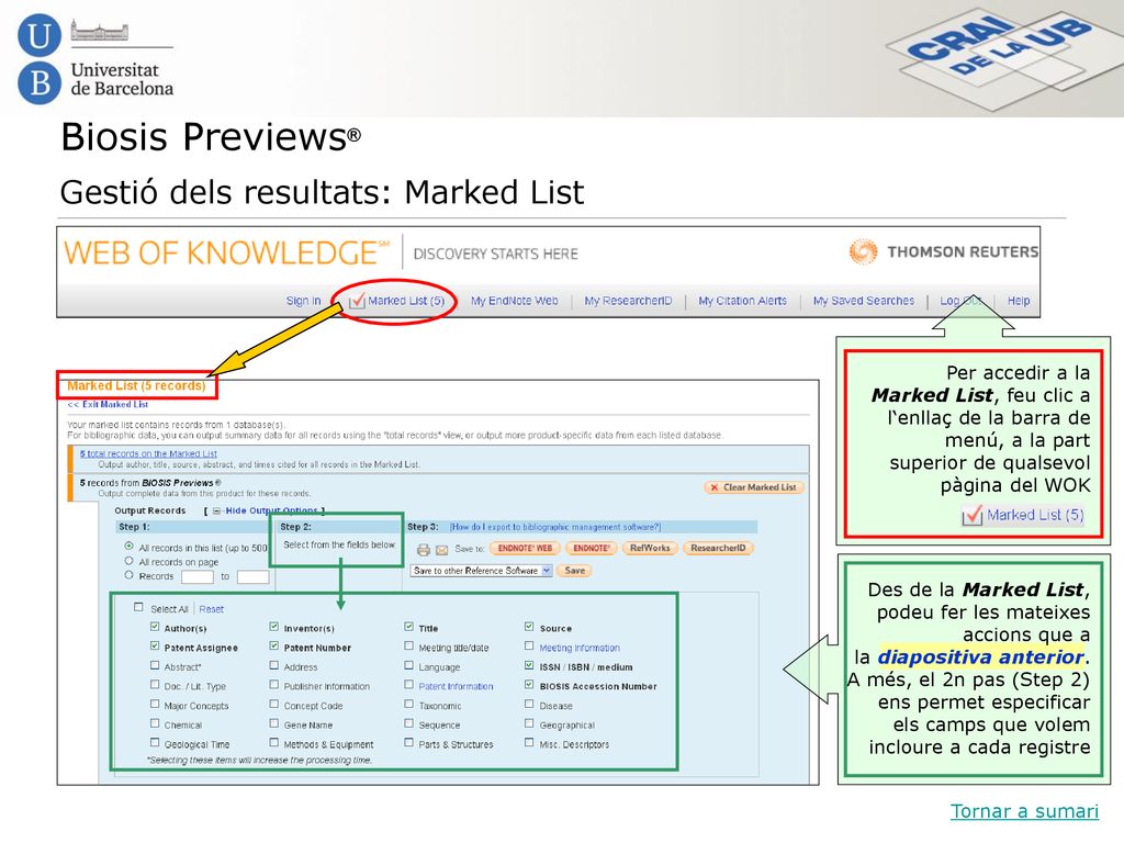 Biosis Previews® Gestió dels resultats: Marked List