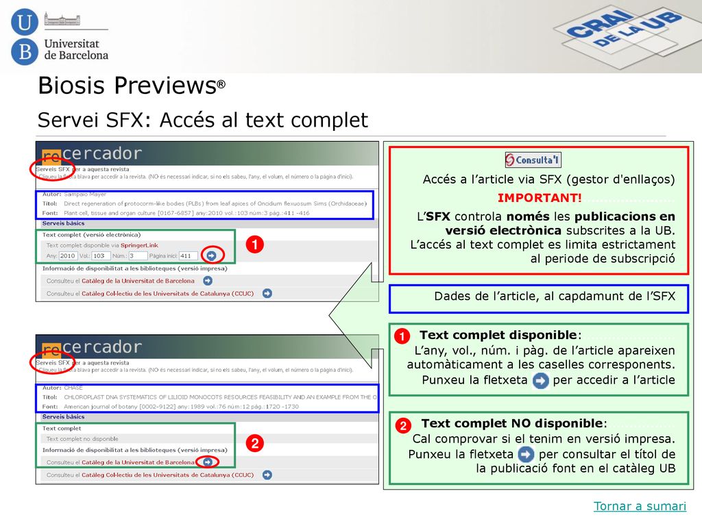 Biosis Previews® Servei SFX: Accés al text complet 1 2