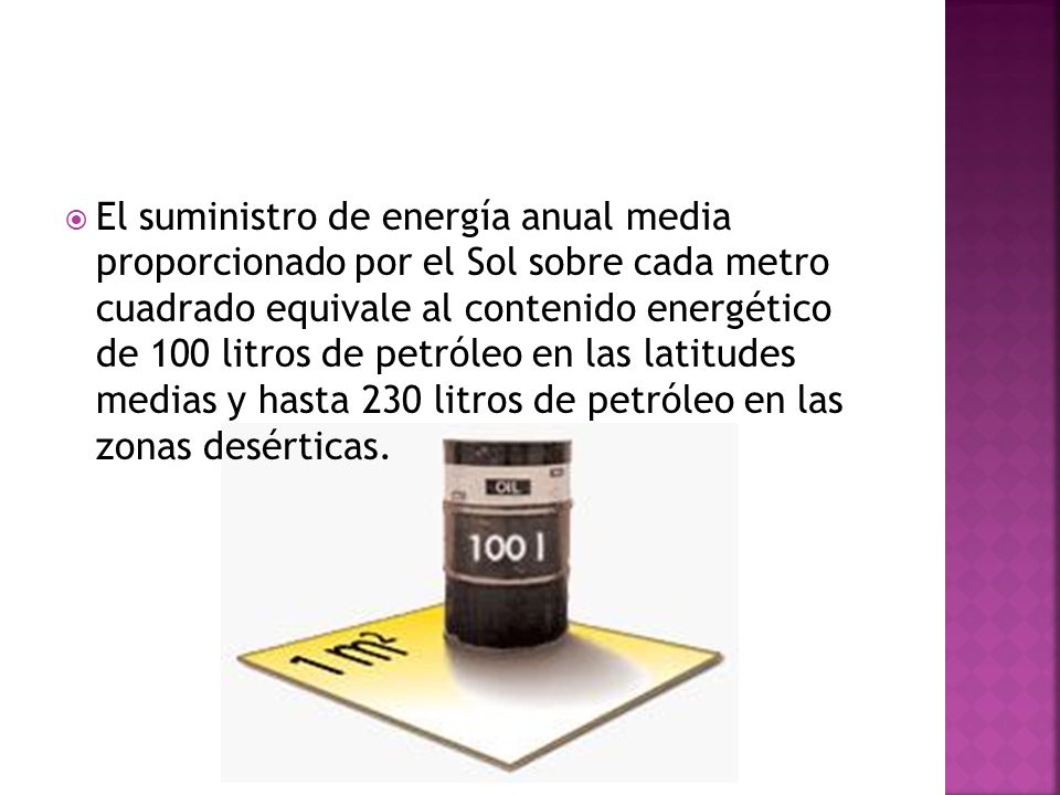 El suministro de energía anual media proporcionado por el Sol sobre cada metro cuadrado equivale al contenido energético de 100 litros de petróleo en las latitudes medias y hasta 230 litros de petróleo en las zonas desérticas.