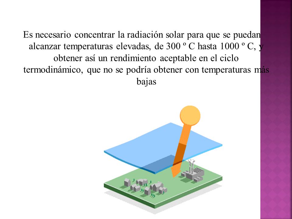 Es necesario concentrar la radiación solar para que se puedan alcanzar temperaturas elevadas, de 300 º C hasta 1000 º C, y obtener así un rendimiento aceptable en el ciclo termodinámico, que no se podría obtener con temperaturas más bajas
