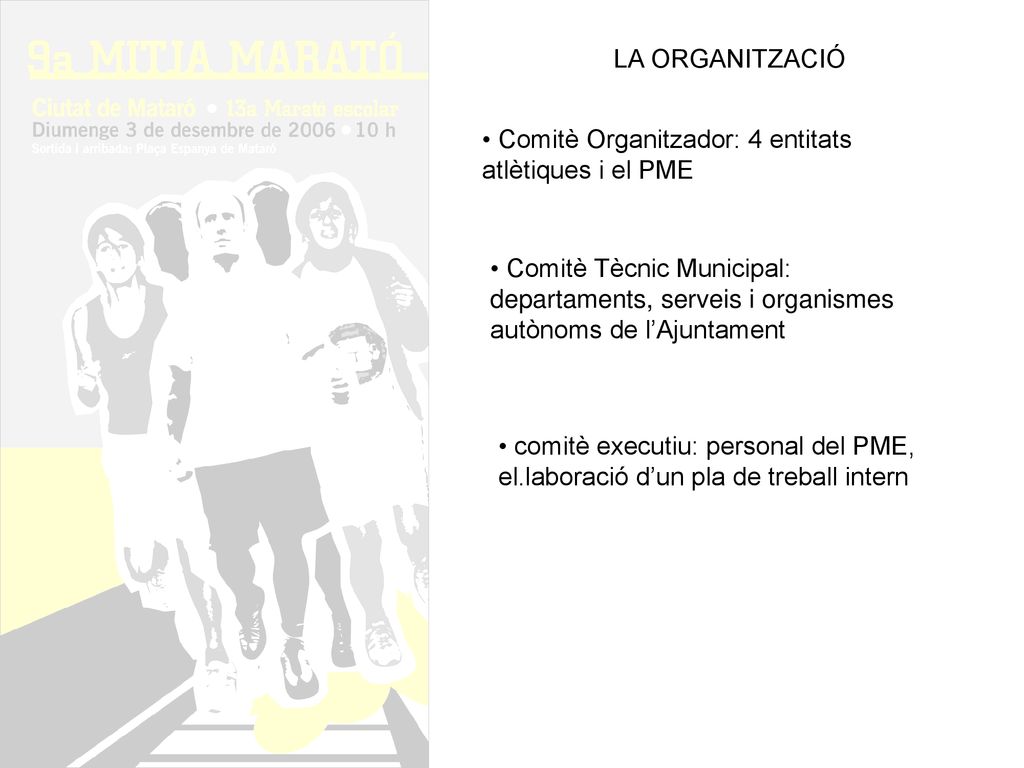 LA ORGANITZACIÓ Comitè Organitzador: 4 entitats atlètiques i el PME.