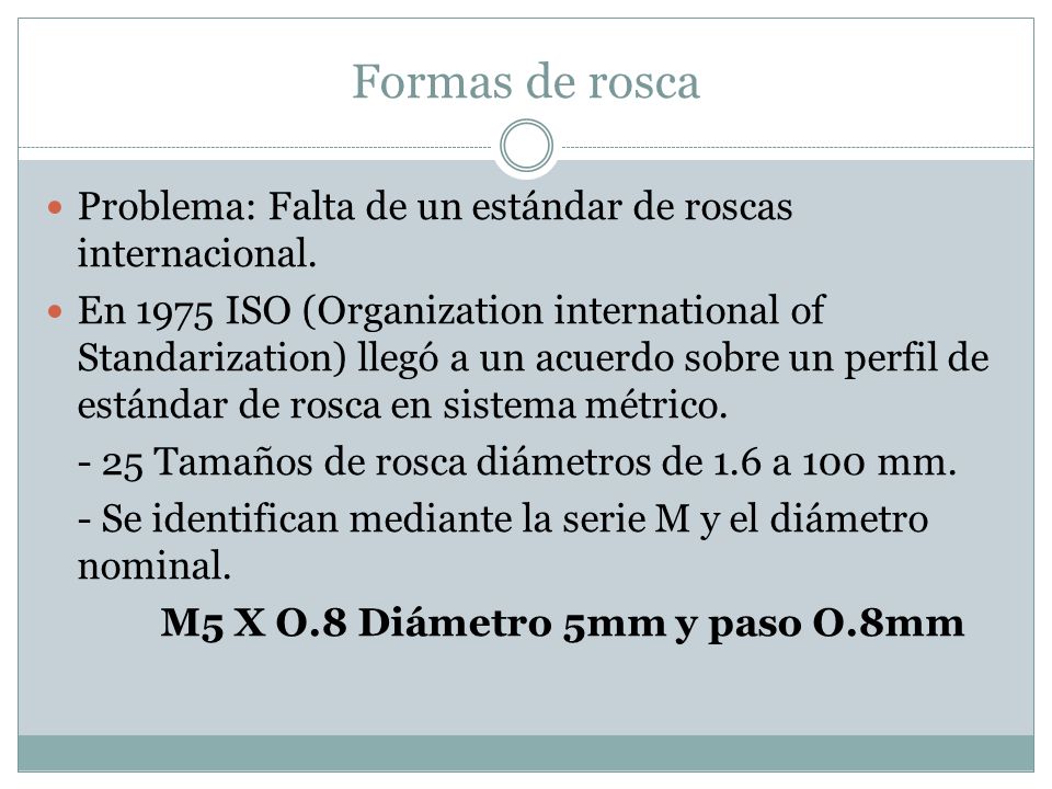 Formas de rosca Problema: Falta de un estándar de roscas internacional.