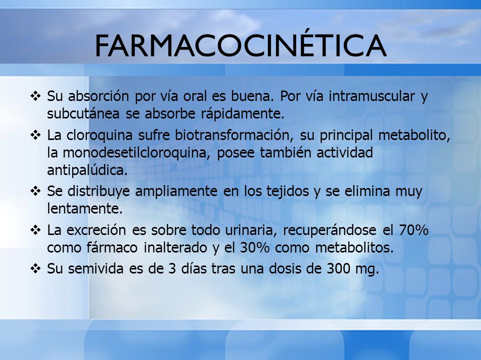 FARMACOCINÉTICA Su absorción por vía oral es buena. Por vía intramuscular y subcutánea se absorbe rápidamente.