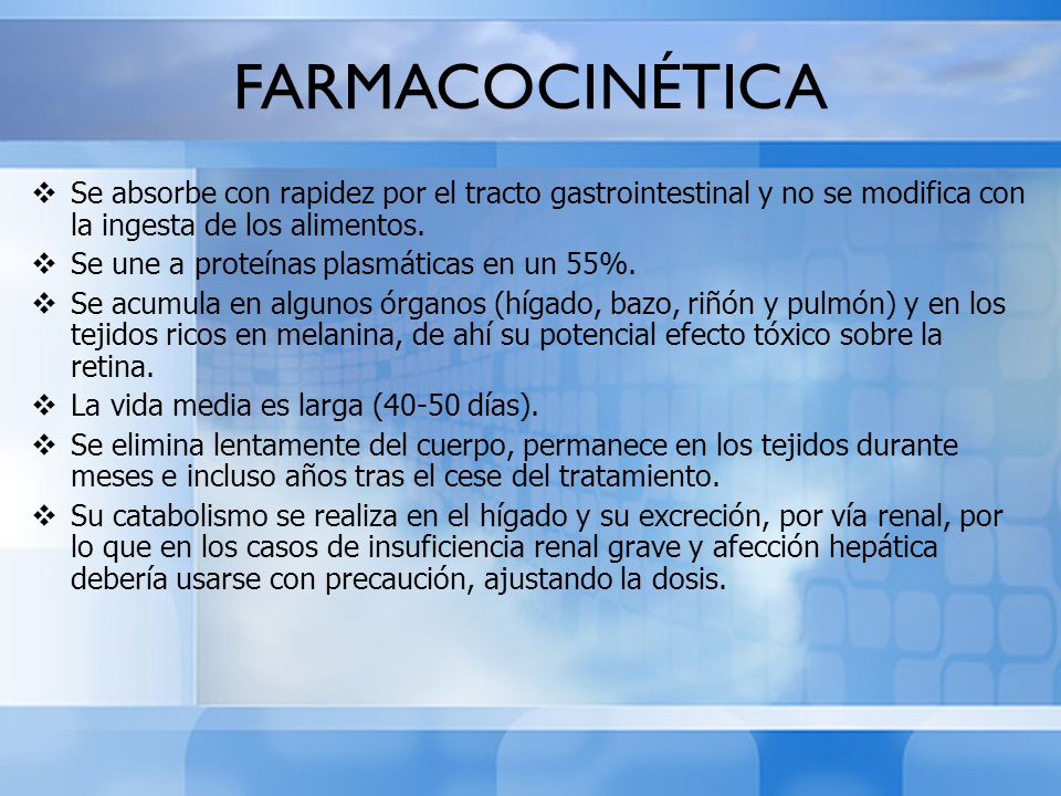 FARMACOCINÉTICA Se absorbe con rapidez por el tracto gastrointestinal y no se modifica con la ingesta de los alimentos.