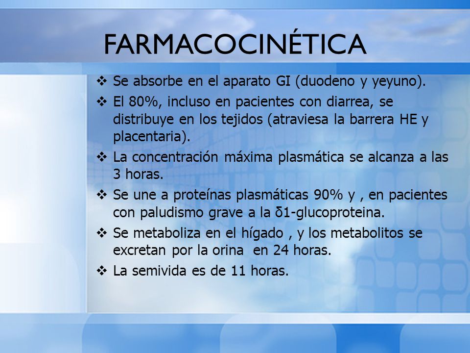 FARMACOCINÉTICA Se absorbe en el aparato GI (duodeno y yeyuno).