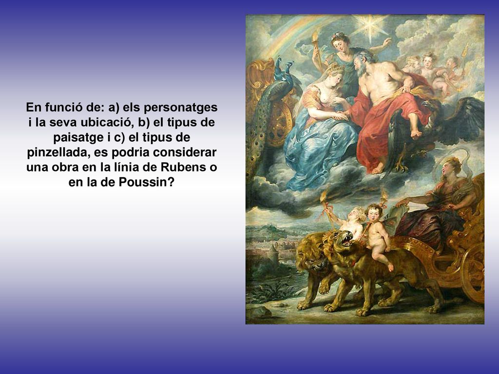 En funció de: a) els personatges i la seva ubicació, b) el tipus de paisatge i c) el tipus de pinzellada, es podria considerar una obra en la línia de Rubens o en la de Poussin