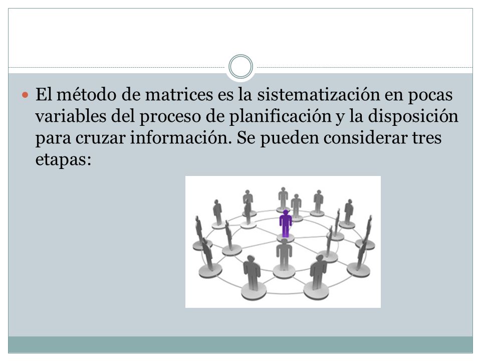 El método de matrices es la sistematización en pocas variables del proceso de planificación y la disposición para cruzar información.