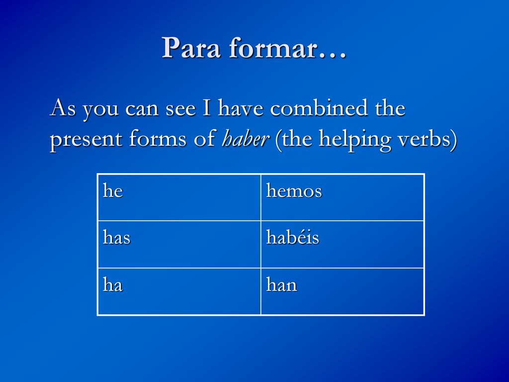Para formar… As you can see I have combined the present forms of haber (the helping verbs) he. hemos.