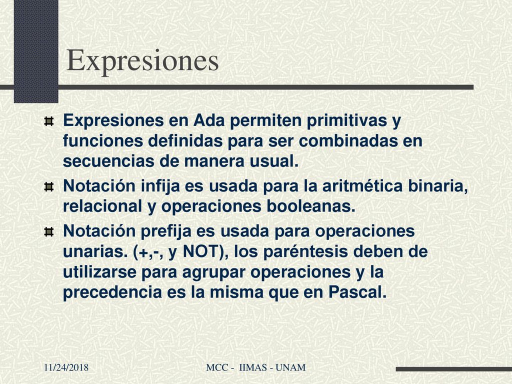 Expresiones Expresiones en Ada permiten primitivas y funciones definidas para ser combinadas en secuencias de manera usual.