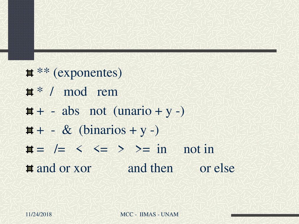 = /= < <= > >= in not in and or xor and then or else