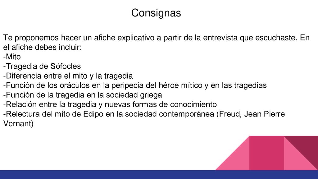 Consignas Te proponemos hacer un afiche explicativo a partir de la entrevista que escuchaste. En el afiche debes incluir:
