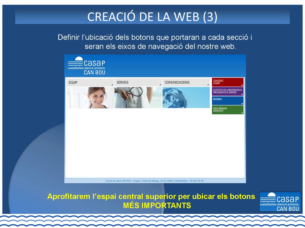 CASAP Can Bou CREACIÓ DE LA WEB (3) Definir l’ubicació dels botons que portaran a cada secció i seran els eixos de navegació del nostre web.
