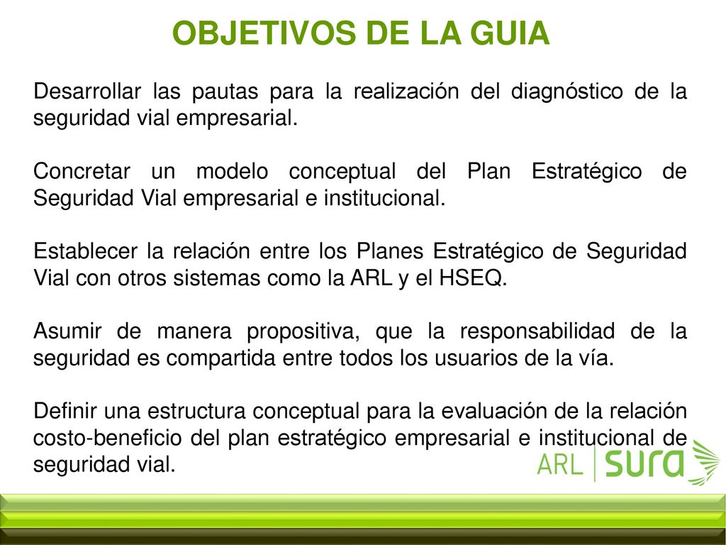 OBJETIVOS DE LA GUIA Desarrollar las pautas para la realización del diagnóstico de la seguridad vial empresarial.