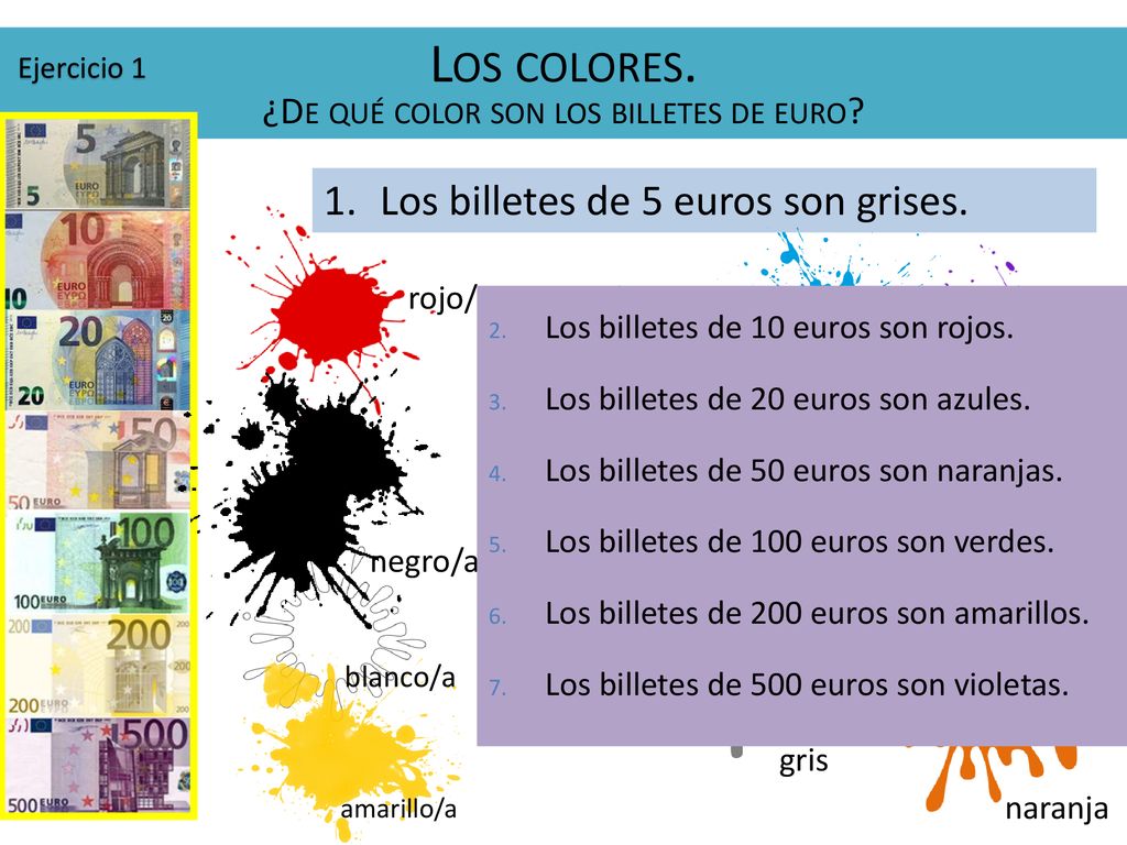 Los colores. ¿De qué color son los billetes de euro