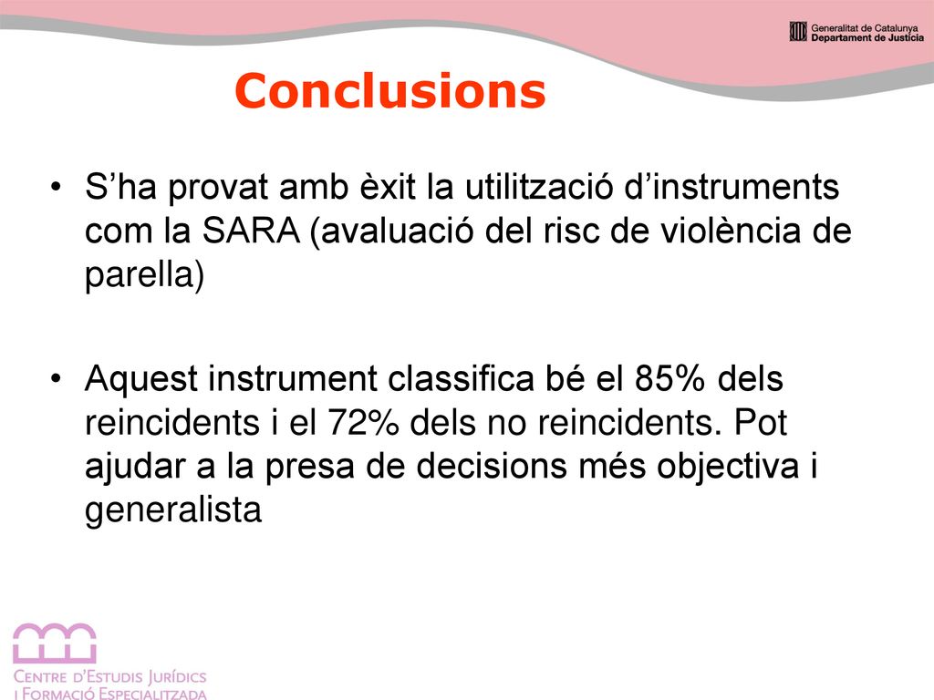 Conclusions S’ha provat amb èxit la utilització d’instruments com la SARA (avaluació del risc de violència de parella)