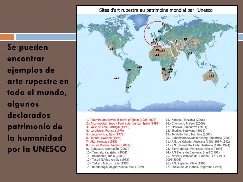 Se pueden encontrar ejemplos de arte rupestre en todo el mundo, algunos declarados patrimonio de la humanidad por la UNESCO