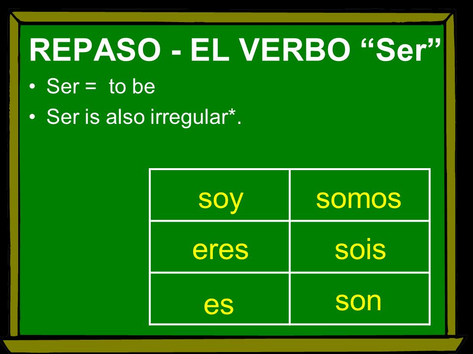 Ser = to be Ser is also irregular*. soy somos eres sois son es