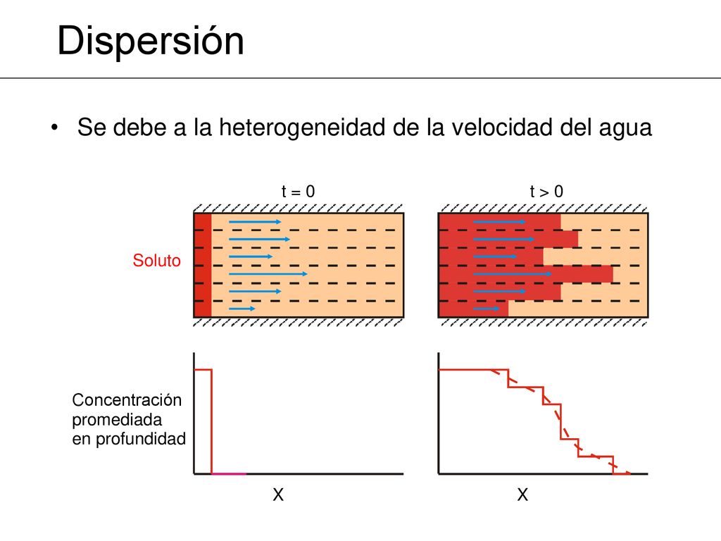 Dispersión Se debe a la heterogeneidad de la velocidad del agua X