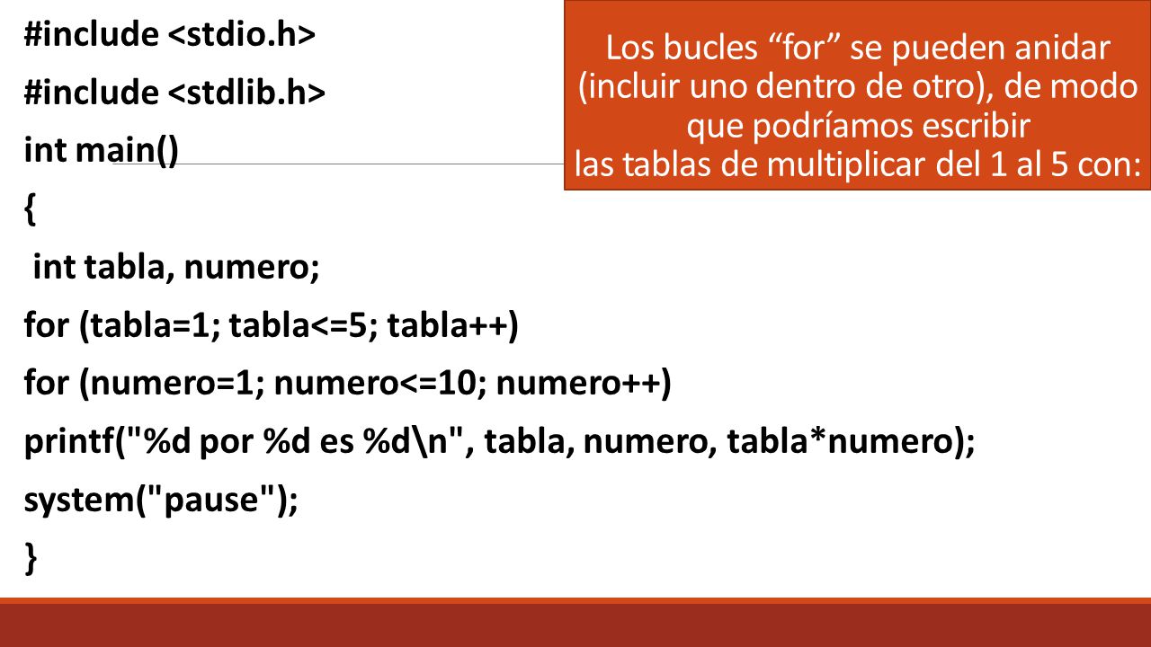 Los bucles for se pueden anidar (incluir uno dentro de otro), de modo que podríamos escribir las tablas de multiplicar del 1 al 5 con: