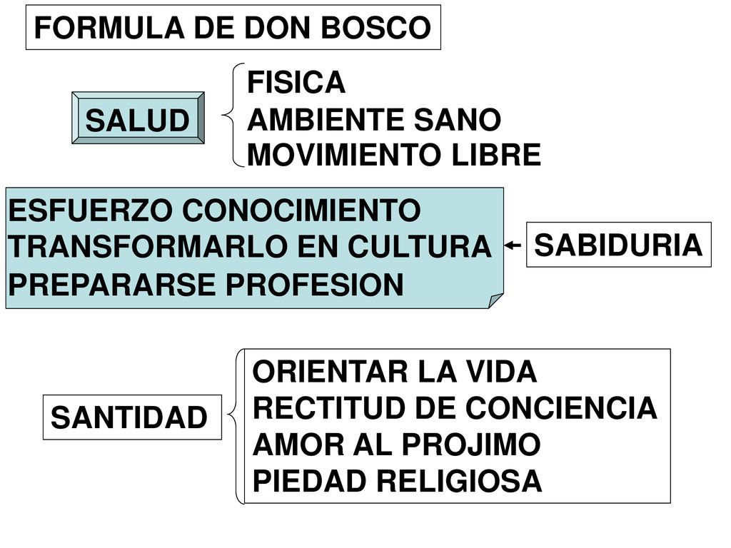 FORMULA DE DON BOSCO FISICA. SALUD. AMBIENTE SANO. MOVIMIENTO LIBRE. ESFUERZO CONOCIMIENTO. TRANSFORMARLO EN CULTURA.