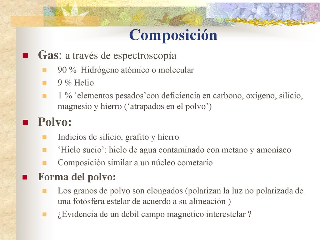 Composición Gas: a través de espectroscopía Polvo: Forma del polvo: