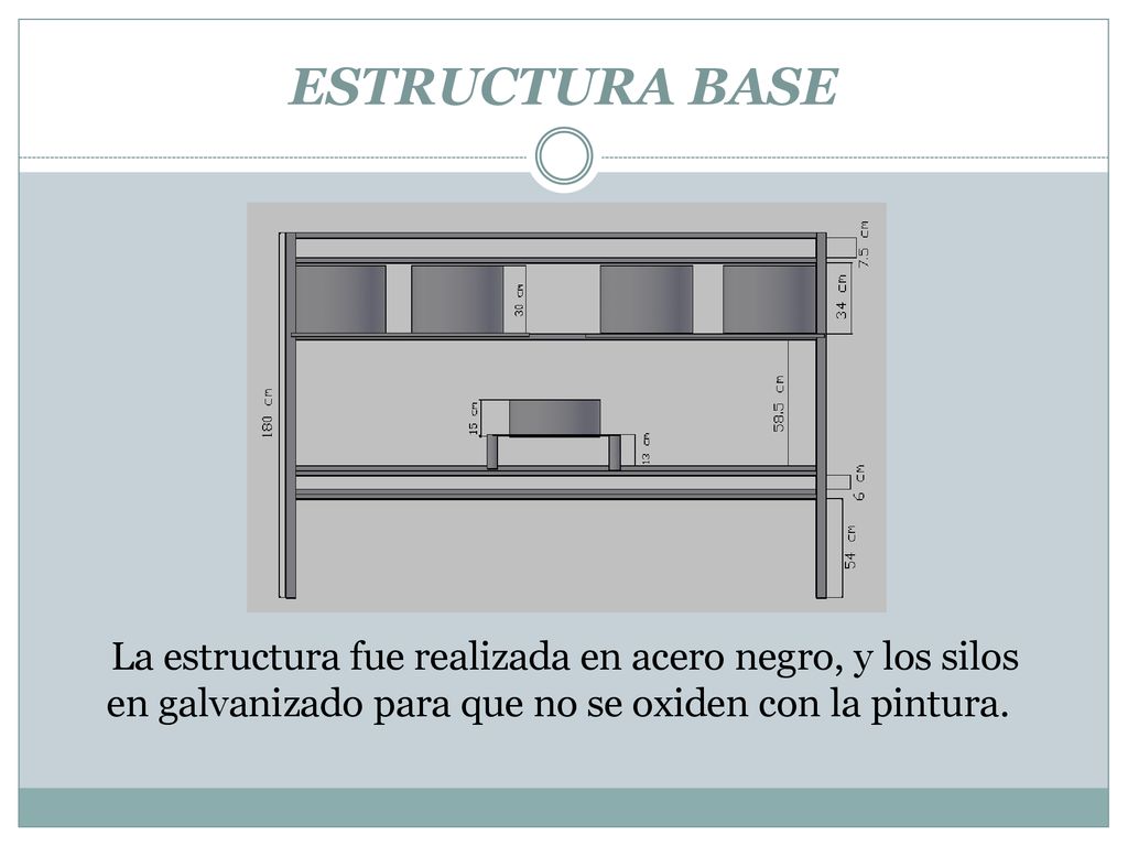 ESTRUCTURA BASE La estructura fue realizada en acero negro, y los silos en galvanizado para que no se oxiden con la pintura.