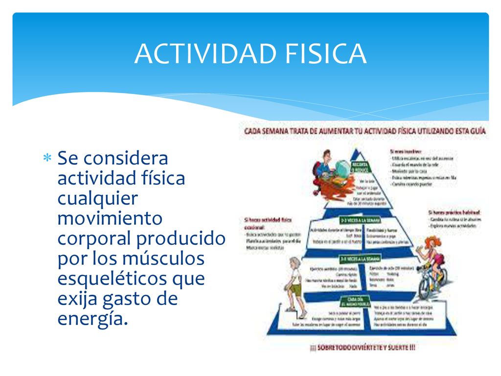 ACTIVIDAD FISICA Se considera actividad física cualquier movimiento corporal producido por los músculos esqueléticos que exija gasto de energía.