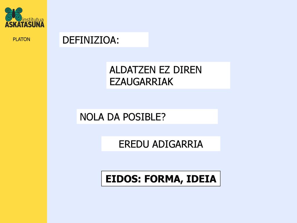 DEFINIZIOA: ALDATZEN EZ DIREN EZAUGARRIAK NOLA DA POSIBLE EREDU ADIGARRIA EIDOS: FORMA, IDEIA