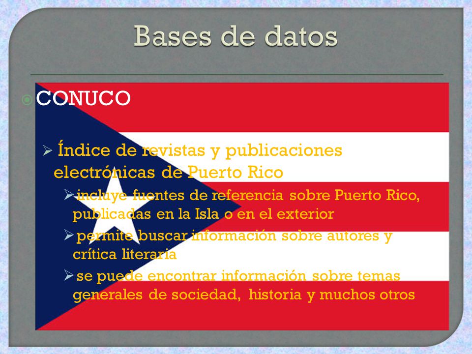 Bases de datos CONUCO. Índice de revistas y publicaciones electrónicas de Puerto Rico.