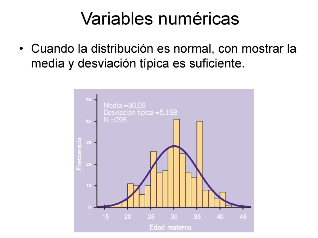 Variables numéricas Cuando la distribución es normal, con mostrar la media y desviación típica es suficiente.