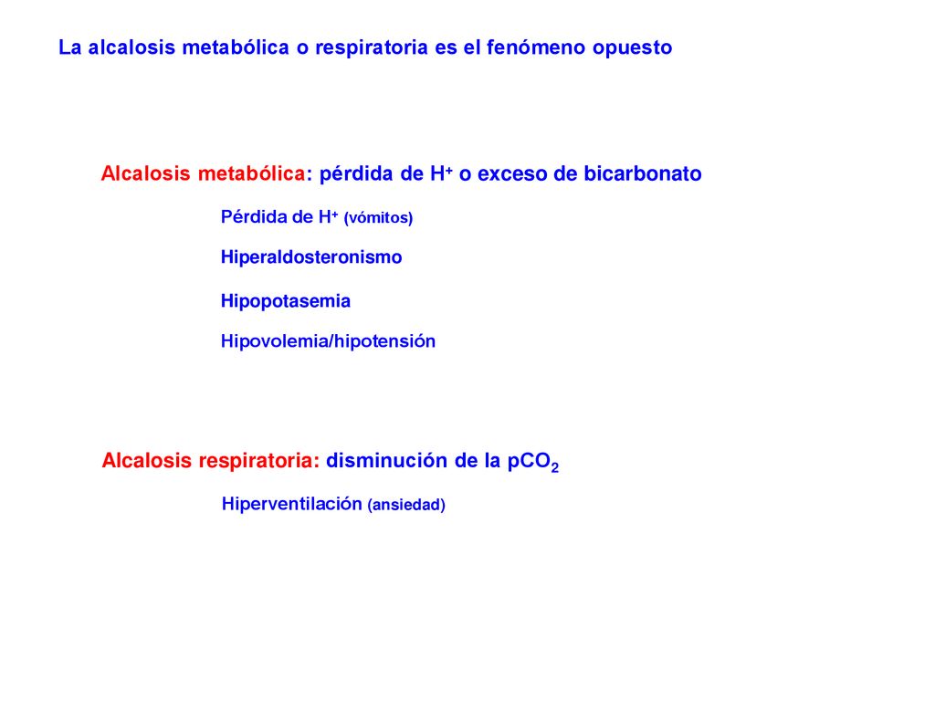 La alcalosis metabólica o respiratoria es el fenómeno opuesto