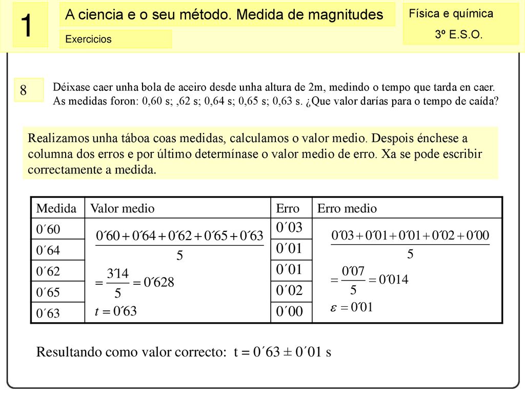 Resultando como valor correcto: t = 0´63 ± 0´01 s