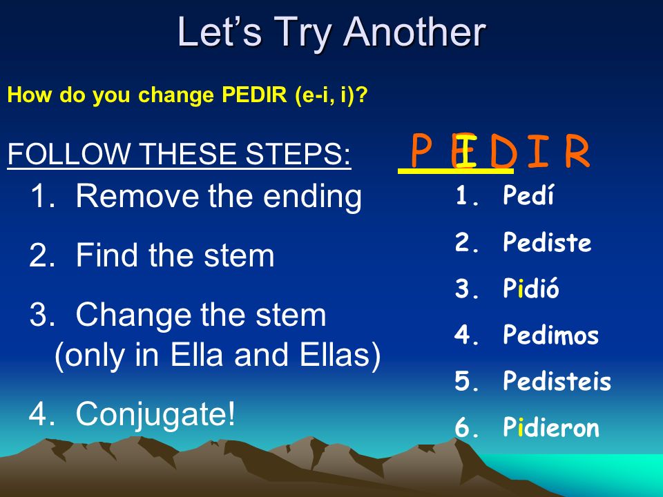 P E I D I R Let’s Try Another Remove the ending Find the stem