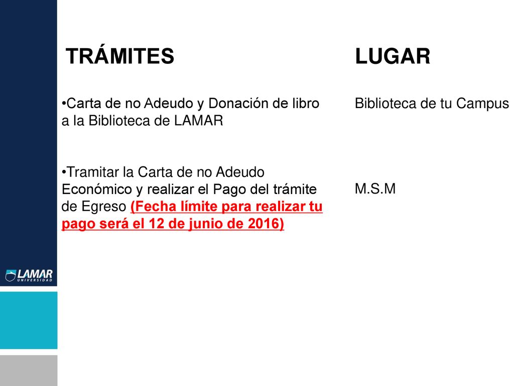 Carta de no Adeudo y Donación de libro a la Biblioteca de LAMAR