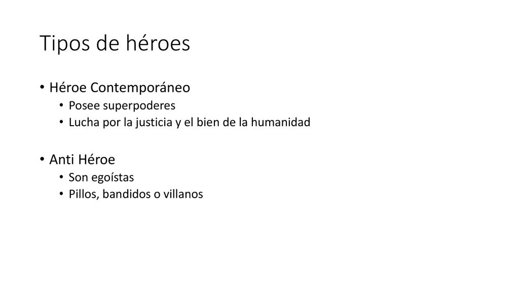 Tipos de héroes Héroe Contemporáneo Anti Héroe Posee superpoderes