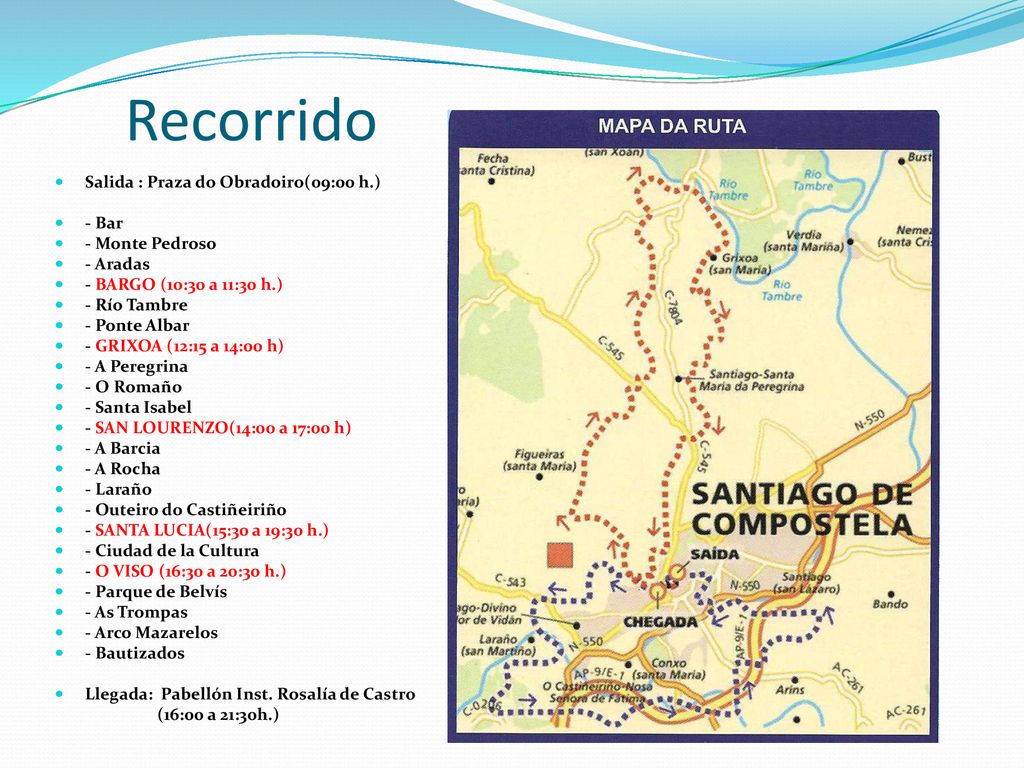 Recorrido Salida : Praza do Obradoiro(09:00 h.) - Bar - Monte Pedroso
