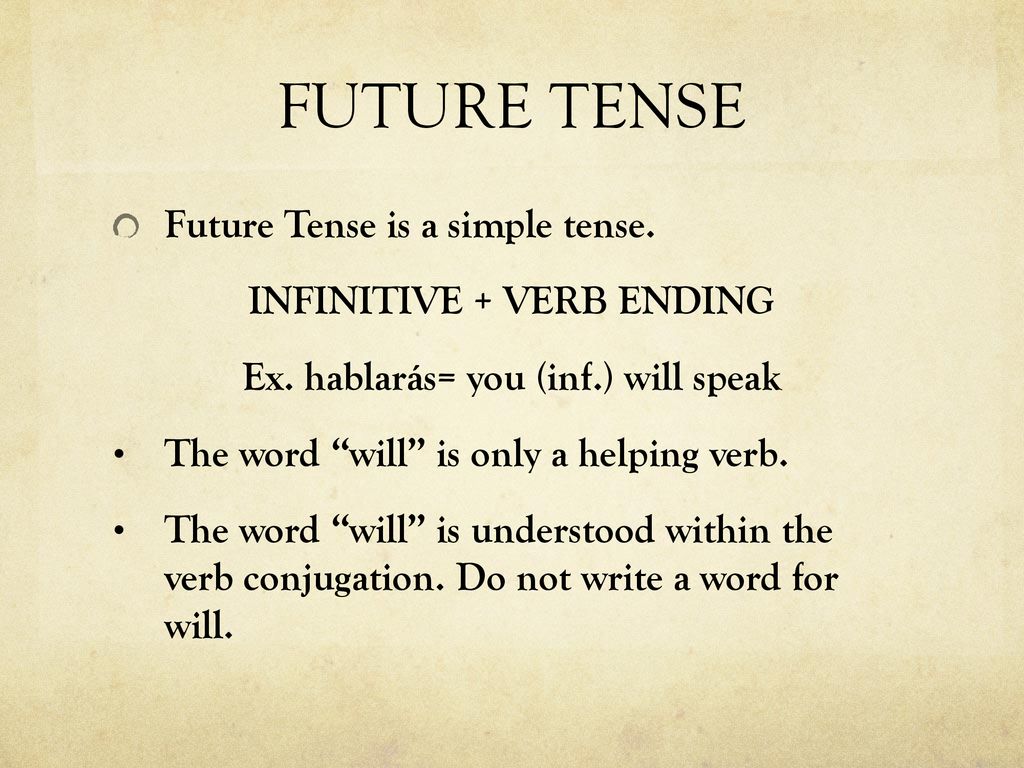 INFINITIVE + VERB ENDING Ex. hablarás= you (inf.) will speak
